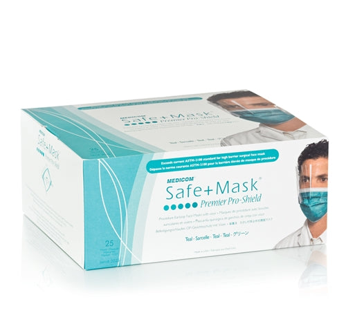 Medicom 2025 SafeMask Permier Elite ProShield Face Mask with Visor Teal 25/Bx Medicom 2025 SafeMask Permier Elite ProShield Face Mask with Visor Teal 25/Bx